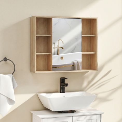 Meuble salle de bain avec miroir, placard à portes et 6 compartiments ouverts, 60 x 14,5 x 49,4 cm, bois naturel (1/5)