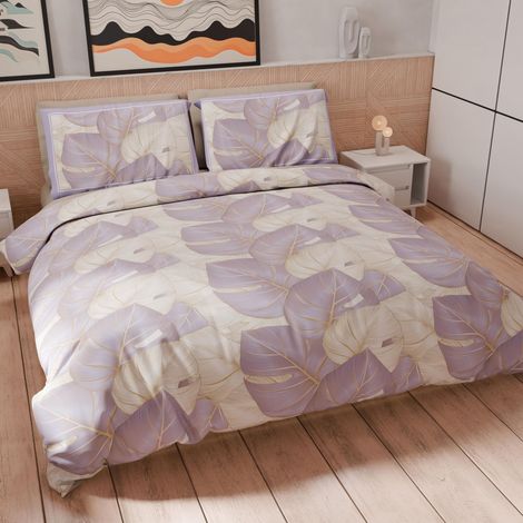 Housse de Couette 2 Places 200x220 cm 2 Taies 80x80 cm Incluses, Parure en Microfibre Imprimée Tropical Lilas O (1/5)