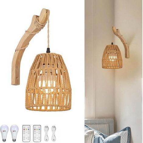 Wandleuchte im böhmischen Stil aus geflochtenem Rattan, kabellos, batteriebetrieben, mit dreifarbiger Glühbirne, E27-Fassung (1/5)