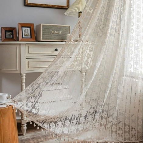 Rideaux au crochet avec pompons, rideaux bohèmes, rideaux en dentelle macramé pour salon, rideaux à œillets pour salle à manger (1/4)