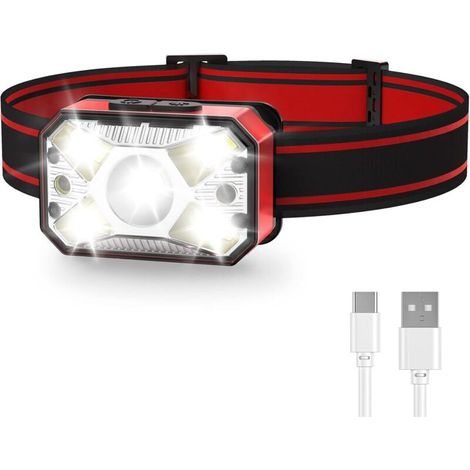 Lampe frontale LED rechargeable, lampe frontale de camping, étanche, super lumineuse, lampe frontale de randonnée pour course à pied, lumière rouge et détecteur de mouvement (rouge)-Ensoleillé (1/5)