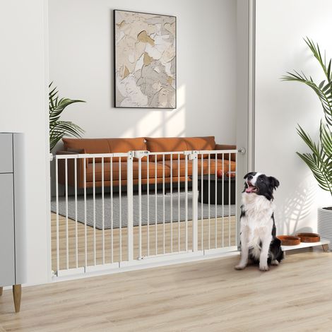 Barrière pour chiens à 3 extensions avec largeur réglable de 74 à 148 cm et fermeture automatique, blanche (1/5)