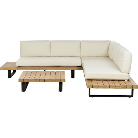 Garden Corner Sofa with Table 5 Seater MYKONOS Right Hand Certified Acacia Wood Off-White (1/5)