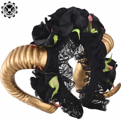 Gothic Lolita Haarband mit schwarzer Rose, Vampir-Dämonen-Haarreif aus goldenem Schafshorn, Haaraccessoires, Gothic-Accessoires (1/5)
