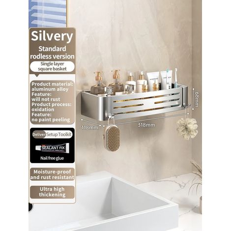 (JS68 carré argenté) Étagère murale en aluminium pour salle de bain, porte-shampoing, rangement et organisateur de cuisine. Installation sans perçage. (1/5)