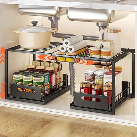 2 Tier Expandable Under Sink Storage Rack Metal Black (1/4)