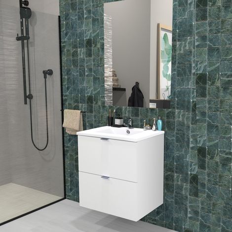 Meuble sous-vasque 2 tiroirs MALAGA 60 cm + vasque + miroir / Blanc/