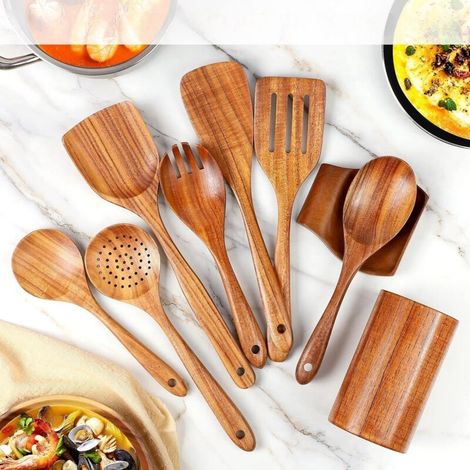 Ustensiles de Cuisine Bois - Set de Cuisine Premium 9 Pièces - Ensemble d'Ustensiles en Bois de Teck Facile à Nettoyer - Matériau Léger, Résistant à la Chaleur, Durable & Anti-Rayures (1/5)