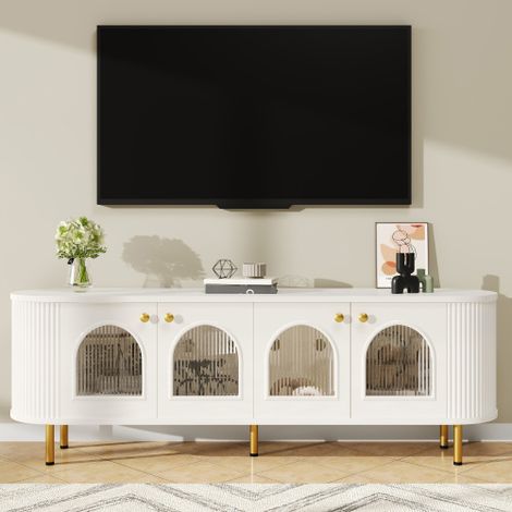 Meuble TV / Banc TV avec portes vitrées – Meuble de rangement pratique pour salon, avec poignées et pieds dorés (1/4)