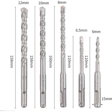 Broca De Hormigón De 5 Piezas, 6 6,5 8 10 12 X 110- 160 Mm Juego De Brocas De Metal Premium, Broca Sds Para Baldosas De Cerámica Y Mampostería De Hormigón (1/5)
