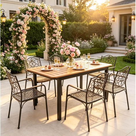 Tavolo da giardino 127x70x75 cm, piano effetto legno, struttura in metallo, marrone (1/5)