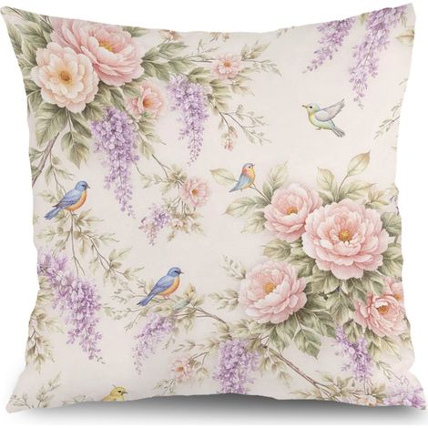 Housse de coussin floral bleu rose jaune, style ferme rustique,50×50cm (1/5)