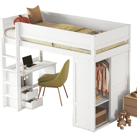 Hochbett Einzelbett mit Kleiderschrank, Schreibtisch, 2 Schubladen 90×200 cm, ohne Matratze, Weiß (1/5)