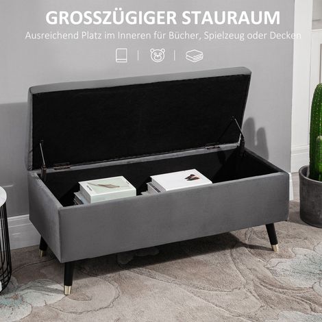 Banc de rangement HOMCOM, banquette rembourrée avec coffre intégré, structure métal et bois d'hévéa, mousse gris anthracite, 110 x 43 x 45 cm