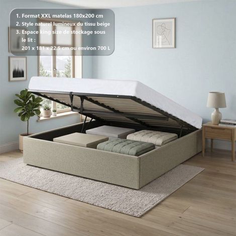 Lit coffre adulte - ECLIPSE - 180 x 200 cm - Tissu beige - Avec sommier (1/5)
