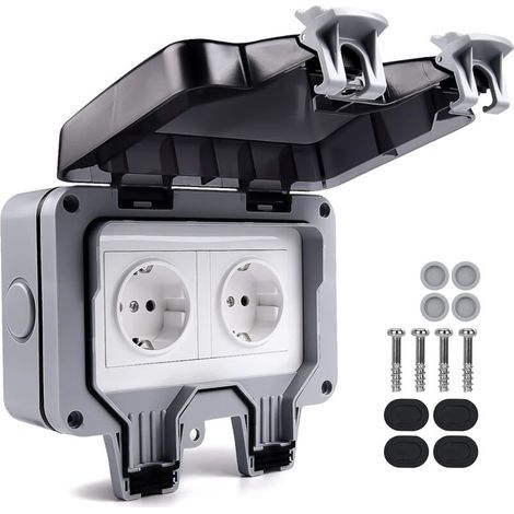 IP66 waterproof socket, weatherproof outdoor sockets, outdoor wall socket, waterproof junction box, double waterproof socket, for kitchen, bathroom, garage, pool and garden