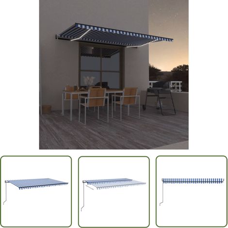 The Living Store Auvent automatique capteur de vent/LED 500x300 cm Bleu et blanc - Auvent - Stores Exterieurs - Abri Solaire - Parasol - Terrasse (1/5)