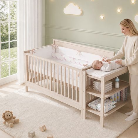 Babybett 3 in 1 - 184,5 x 74,5 x 90 cm - 3-fach höhenverstellbar, umbaubar zum Beistellbett, Sofa mit abnehmbarem Wickeltisch, Schutzgitter - moderner skandinavischer Stil - Kiefer Massivholz - natur (1/5)