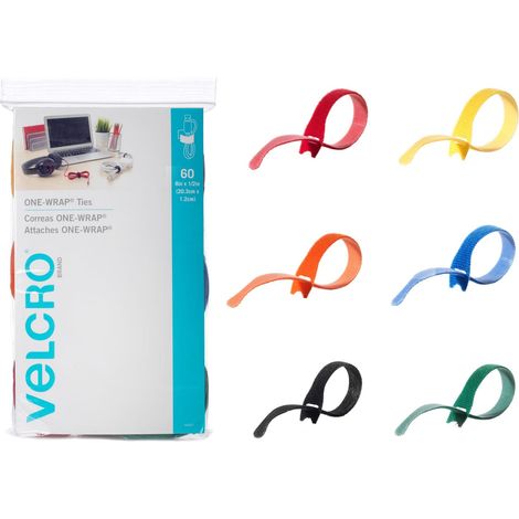 VELCRO Brand ONE-WRAP Fascette per cavi 60 pezzi 8 x 1/2" cinghie, multicolore Forte gestione dei cavi riutilizzabili Bundling di cavi per home office e data center