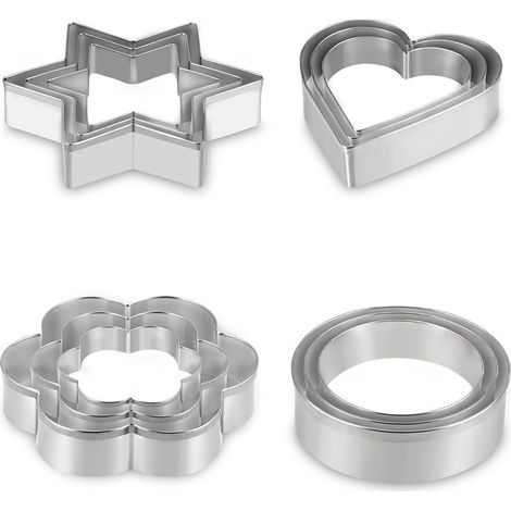 Lot de 12 Emporte-pièce, Acier inoxydable, Forme cœur fleur étoile rond, Pour biscuit gâteau cookie pâtisserie