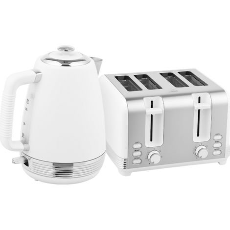Stainless Steel Kettle and Toaster Set, 1.7L 3000W Rapid Boil Jug Kettle with UK Strix Thermostat, Limescale Filter, 4 Slice Toaster with 7 Browning Controls, Crumb Tray, White and Silver Tone