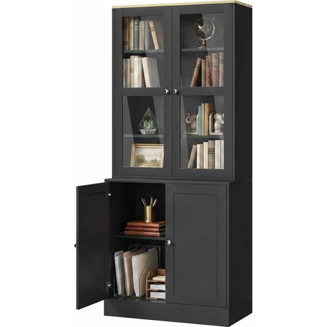 Bibliothèque vitrine, meuble de rangement à 6 niveaux avec 4 portes dont 2 en verre trempé, étagères réglables, noir (1/5)