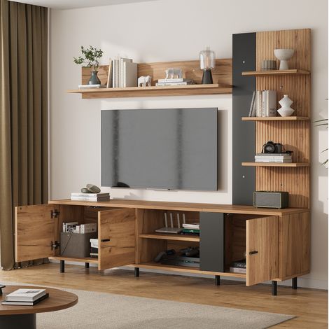 TV-Schrank 187,5 x 40 x 167 cm mit 3 Schränken und offenen Regalen, Holz/Schwarz HAVRYA (1/5)