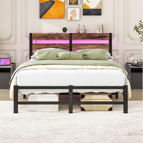lit adulte rangement LED USB 120x200 métal bois noir OKMYHOME (1/5)
