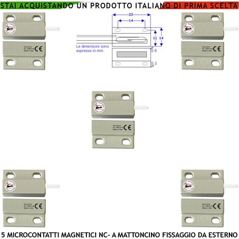 Sensore Magnetico NC Mini 5 Pezzi Bianchi Per Allarme Infissi Tensione Max 100 V Corrente 1 A Sensibilità Magnetica 10 mm Contenitori Con Fori di Fissaggio Reed in Ampolla Sottovuoto IP65 4 Fili (1/2)