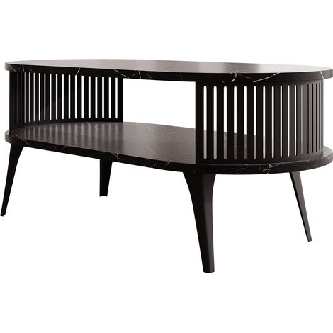 Mesa de centro Sordore 105, Negro + Mármol negro, 44x50x100cm, Diámetro: 0, Aglomerado laminado, Ovalada (1/3)