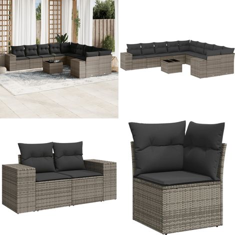 Set de sofás de jardín 11 pzas y cojines ratán sintético gris - Cojines para sofás - Ratán sintético