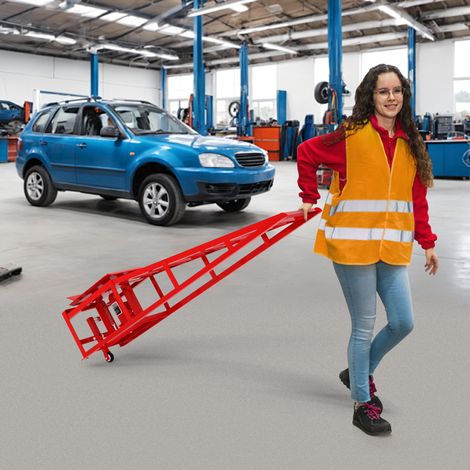 Set di 2 rampe idrauliche per auto 114x36x32 cm, sollevamento 23 a 36 cm, con ruote e blocchi di sicurezza, ferro rosso (1/5)