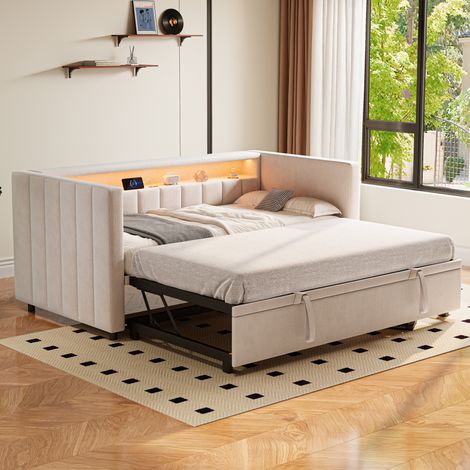MEUBLIV Cama 90x190 cm beige – nido con LED y USB-C, sin colchón (1/5)