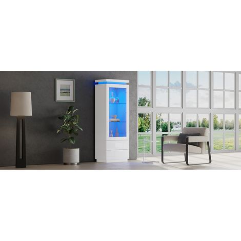 Vitrine 6040171cm, armoire haute avec 2 tiroirs, armoire vitrine haute brillance avec LED, étagère et vitrine, meuble de salon avec portes vitrées et porte rabattable, blanc (1/5)