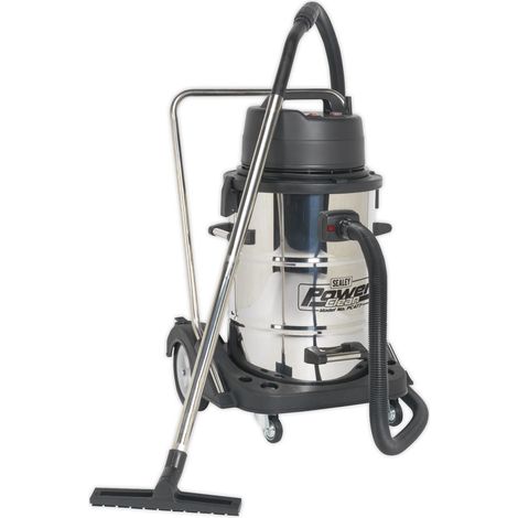 Sealey Industrial Vacuum Cleaner Wet & Dry Stainless Steel Drum with Swivel Emptying 77L 2400W PC477