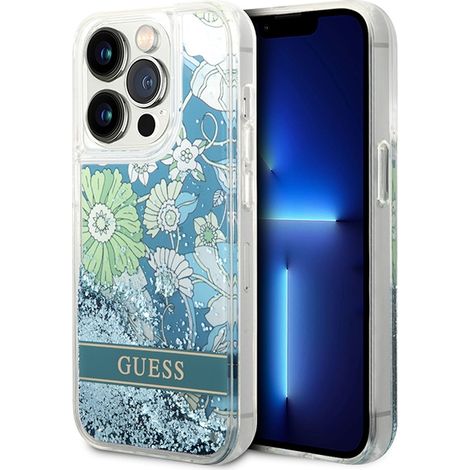 Hülle für iPhone 14 Pro, Guess Flower Liquid Glitter Grün (1/5)