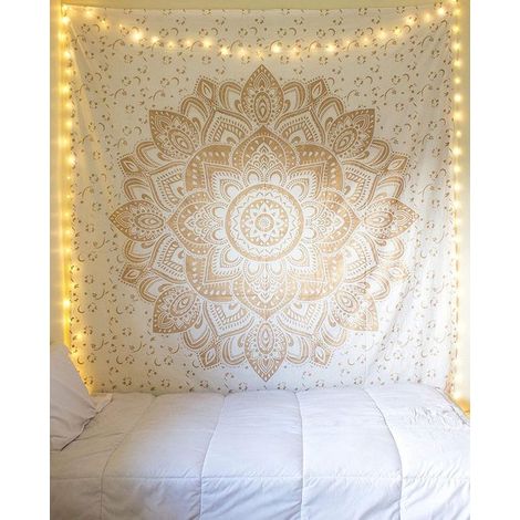 Tapisserie dorée métallisée de raajsee, tenture murale mandala, couverture de plage indienne en coton, tenture murale hippie, décoration bohème, couvre-lit (1/5)