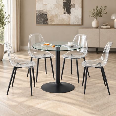 Runder Esstisch aus gehärtetem Glas 85 cm mit 4 transparenten Stühlen, Schwarz (1/5)