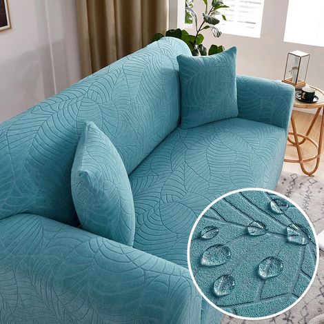 Copertina impermeabile per divano 3 posti (190–230 cm) – Copertura completa con motivo jacquard foglie, elastico e adattabile, colore blu lago – Senza copertina per cuscini