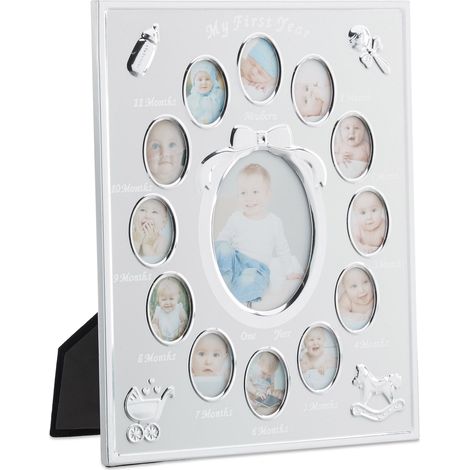 Relaxdays Nursery Picture Frame for 13 Photos, Month Aluminium Photo Calendar, 29 x 24 cm, Display Collage, White (1/5)