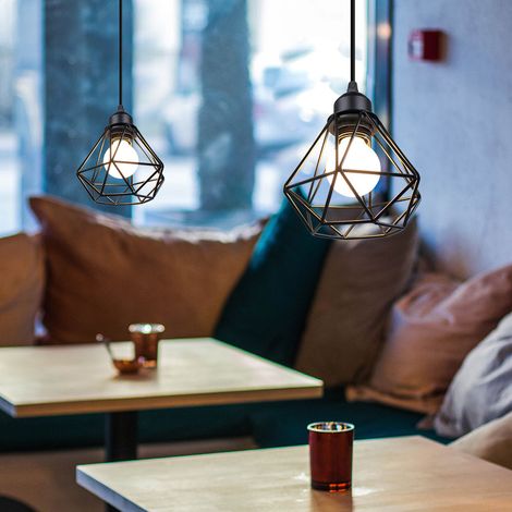 2er Pendelleuchte, Kronleuchter im Industri Stil, Antik Hängelampe mit Ø16cm Mini Diamant-Form Käfig E27 Halter für Wohnzimmer Schlafzimmer Esszimmer (Schwarz)