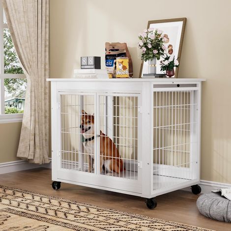 Jaula para perros estilo mueble, caseta de madera con 3 puertas, perrera de interior con techo abatible, con ruedas para facilitar la movilidad, para perros pequeños y medianos.