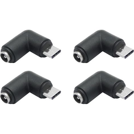 Adaptador de corriente de 5,5 mm x 2,1 mm a USB-C (paquete de 4), conector en ángulo de 90° (DC 5521 hembra a USB-C macho), fuente de alimentación de 5 V.