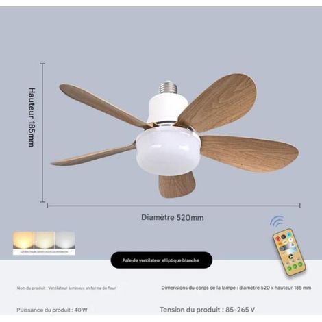 Ventilateur de plafond à pales ovales en bois avec douille à vis E27, silencieux, 40 W - Blanc (1/4)