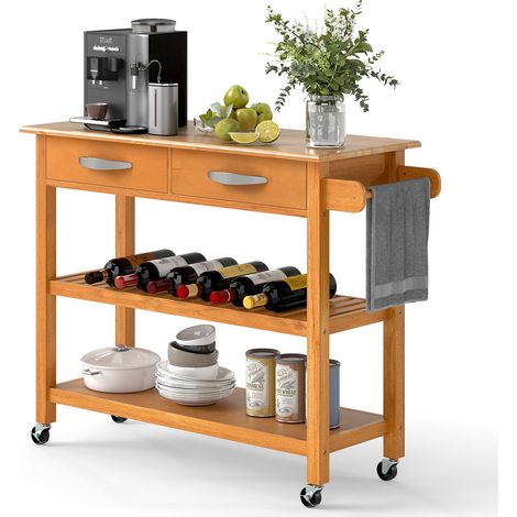 COSTWAY Kitchen Island 3-Tier Rolling Utility Cart with 2 Drawers-Natural