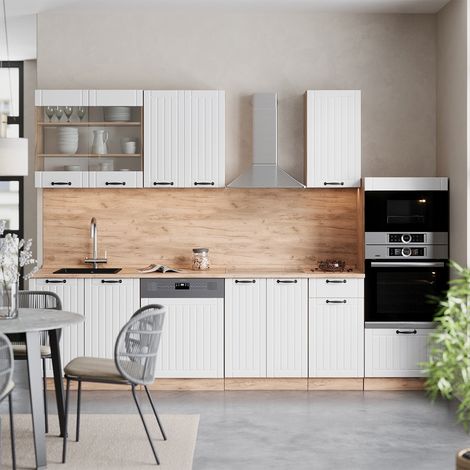 Cuisine Fame-Line, Blanc campagne, 300cm avec armoire haute, PT Chêne, Vicco