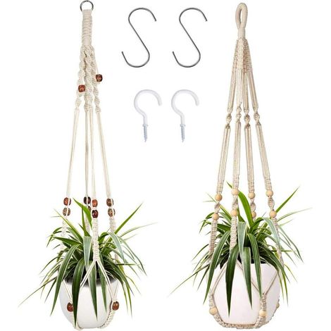 Suspension pour plantes d'intérieur en corde de coton blanche, 85 cm, avec perles en bois, pour décoration intérieure, sans crochets, 2 paires (1/5)