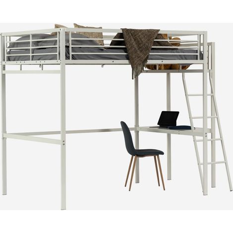 Meuble Cosy Lit Mezzanine 2 Places 140x190cm avec Sommier à Lattes et Bureau en Verre et métal, Style Industriel, pour Enfant Chambre à Coucher Maison, Blanc (1/5)