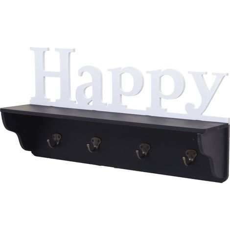 Perchero de pared HHG-807 Happy, estante perchero, 4 ganchos macizo 30x60x13cm, blanco/negro