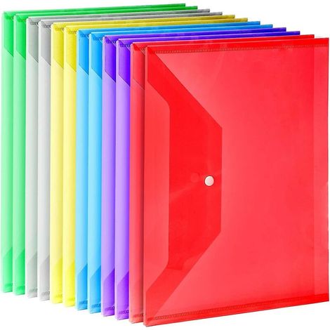CREA 12 Pack Plastic Envelopes, A4 Clear File Organizer With Snaps,6 Colors